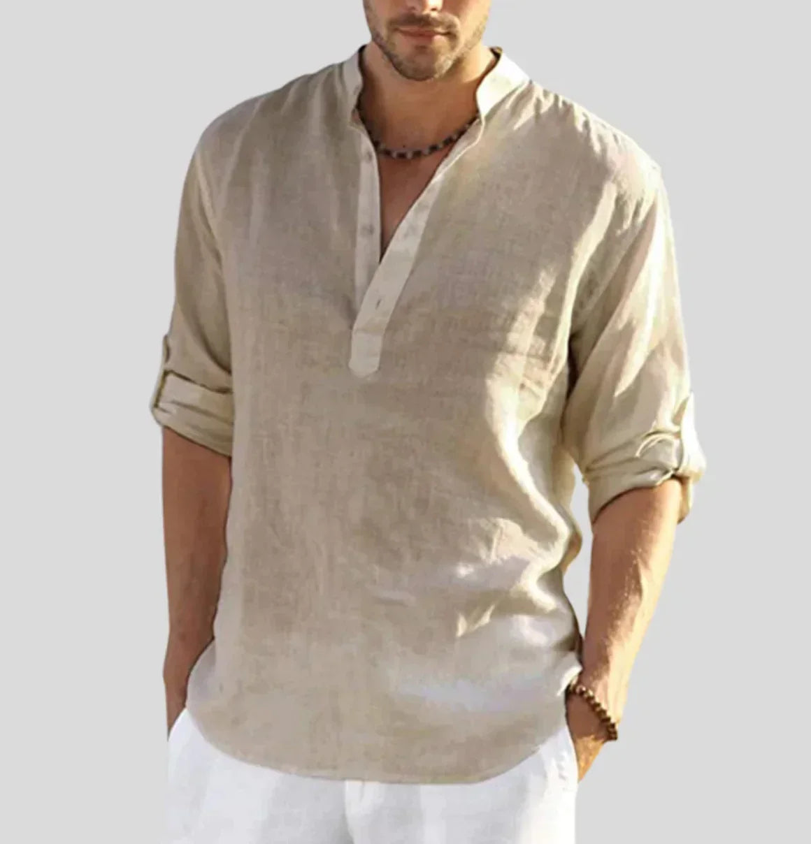 Men's Linen Shirt with Band Collar and Half-Placket - Lightweight and Breathable
