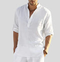 Men's Linen Shirt with Band Collar and Half-Placket - Lightweight and Breathable
