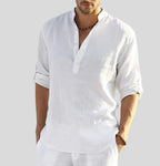 Men's Linen Shirt with Band Collar and Half-Placket - Lightweight and Breathable