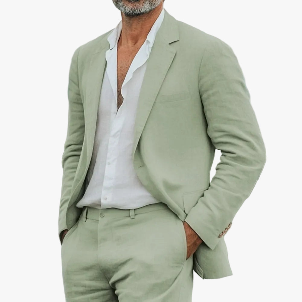 Premium Men's Linen Suit with Notched Lapel and Flat-Front Trousers