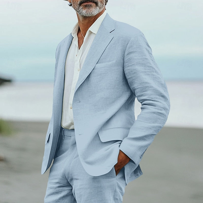 Premium Men's Linen Suit with Notched Lapel and Flat-Front Trousers