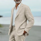 Premium Men's Linen Suit with Notched Lapel and Flat-Front Trousers