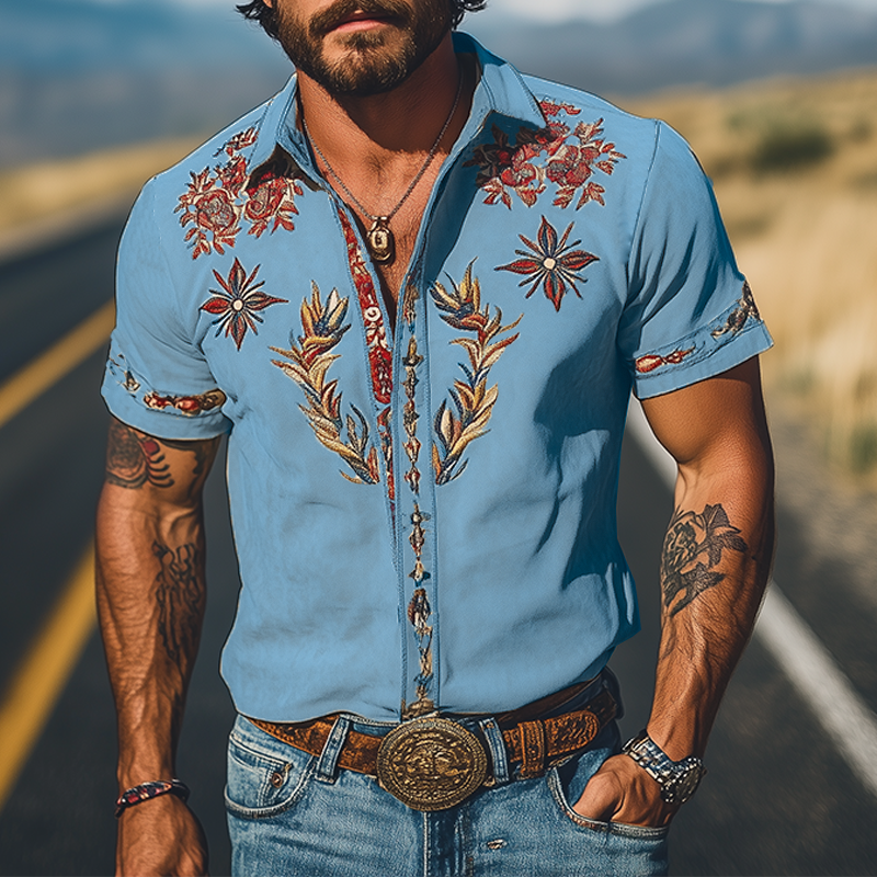 Men's Western-Style Embroidered Short-Sleeve Shirt