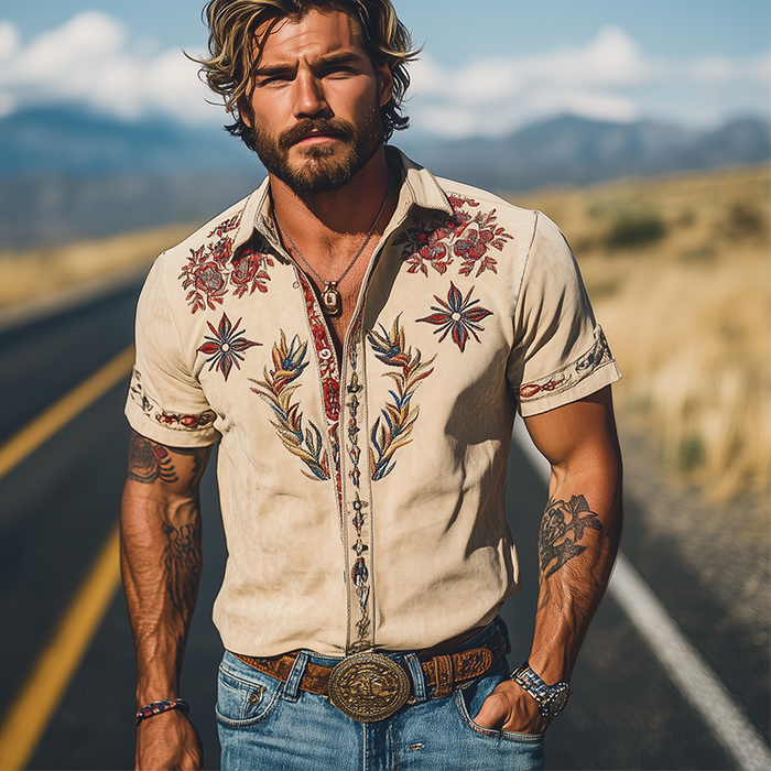 Men's Western-Style Embroidered Short-Sleeve Shirt
