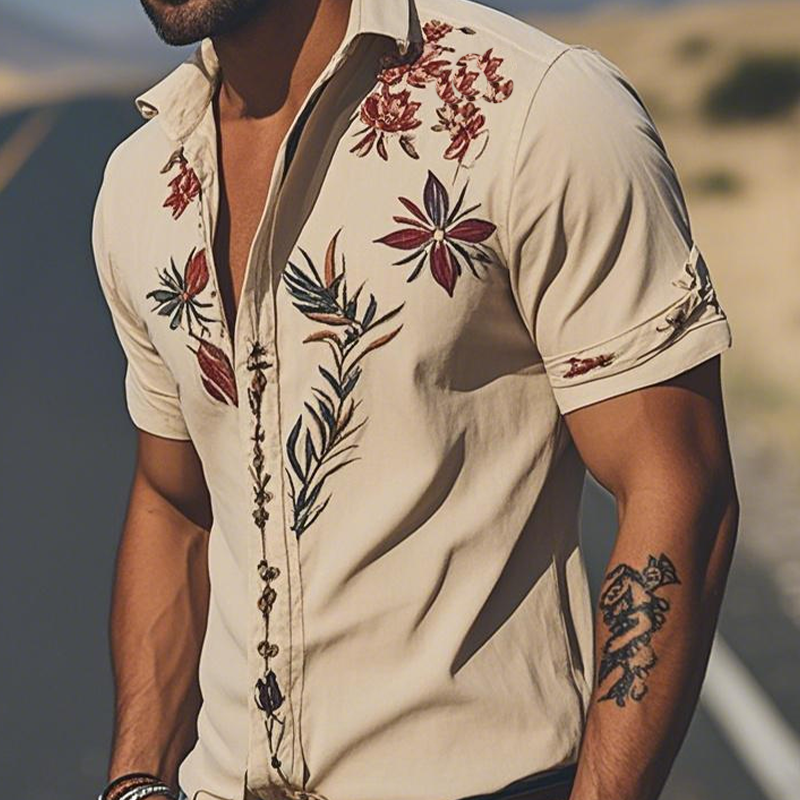 Men's Western-Style Embroidered Short-Sleeve Shirt