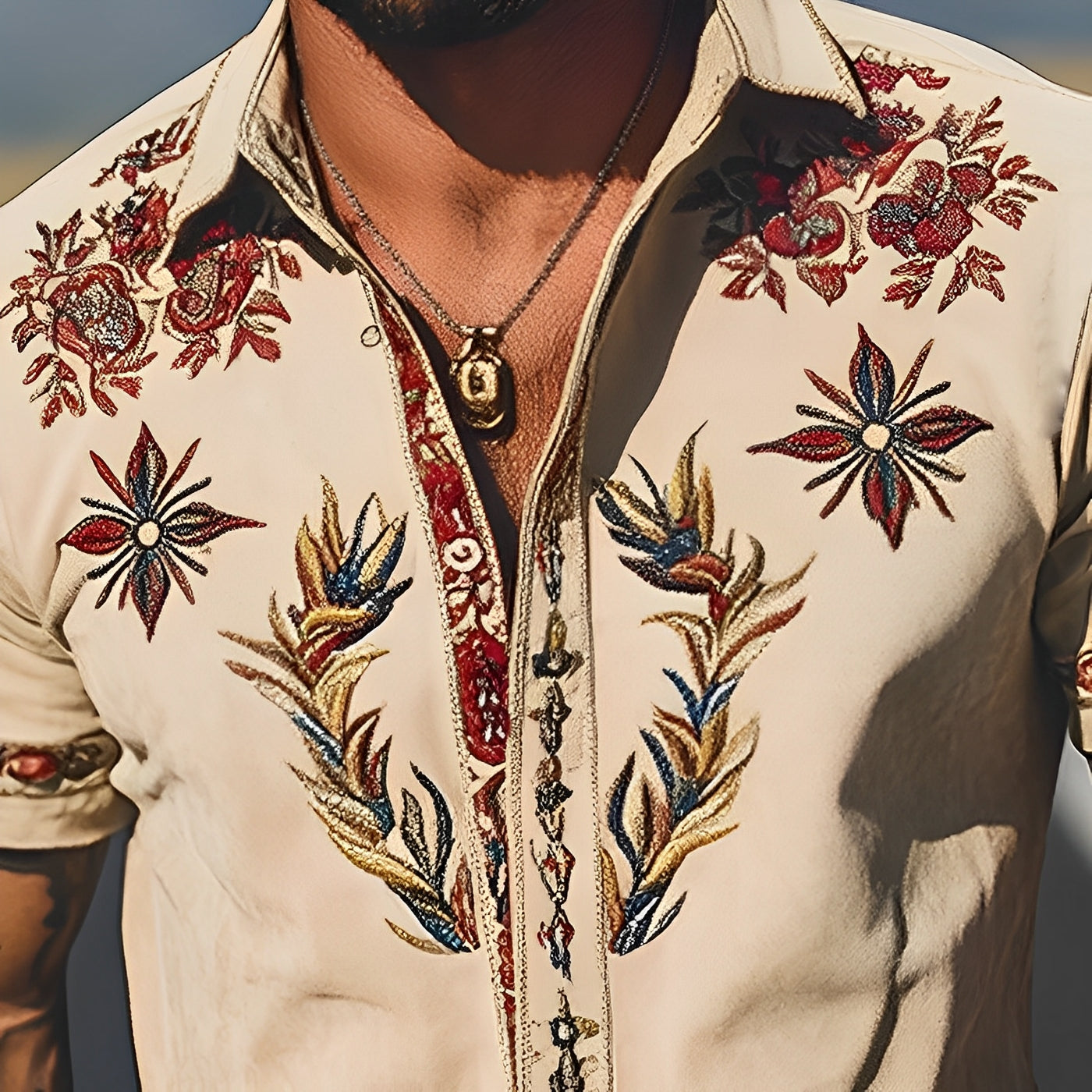 Men's Western-Style Embroidered Short-Sleeve Shirt