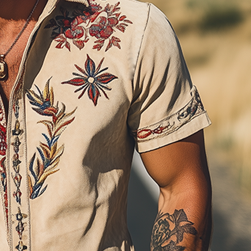 Men's Western-Style Embroidered Short-Sleeve Shirt