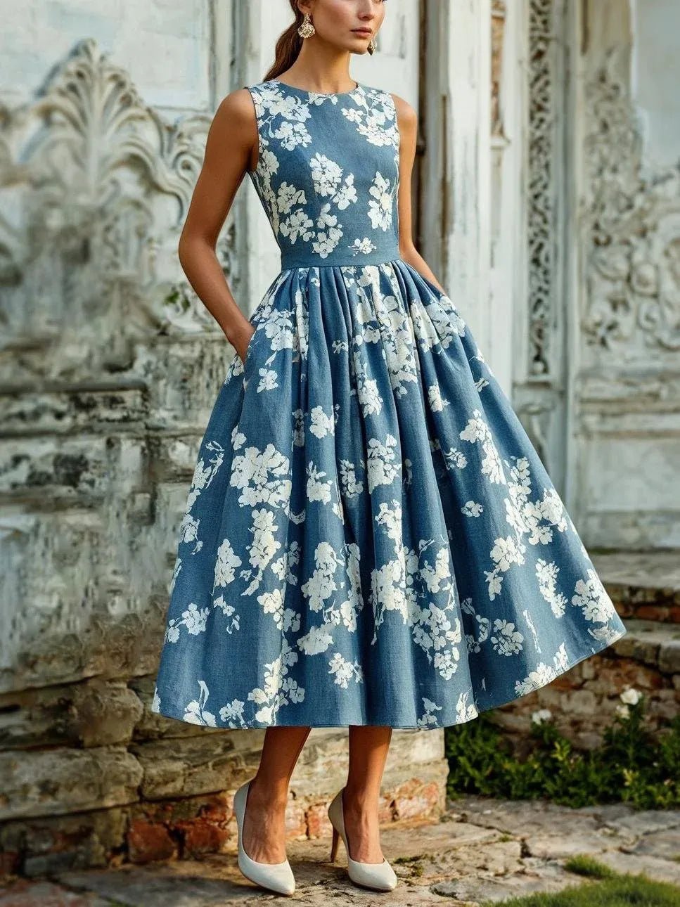 Floral Off-Shoulder Midi Dress with Flowy Swing Skirt