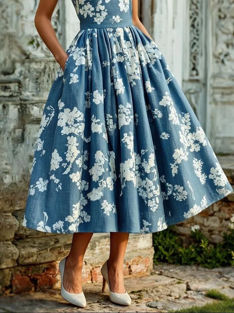 Floral Off-Shoulder Midi Dress with Flowy Swing Skirt