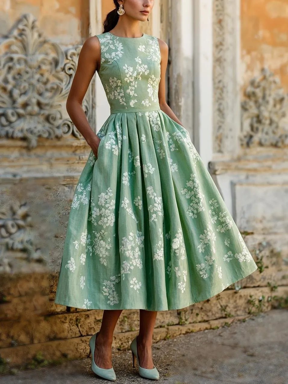 Floral Off-Shoulder Midi Dress with Flowy Swing Skirt