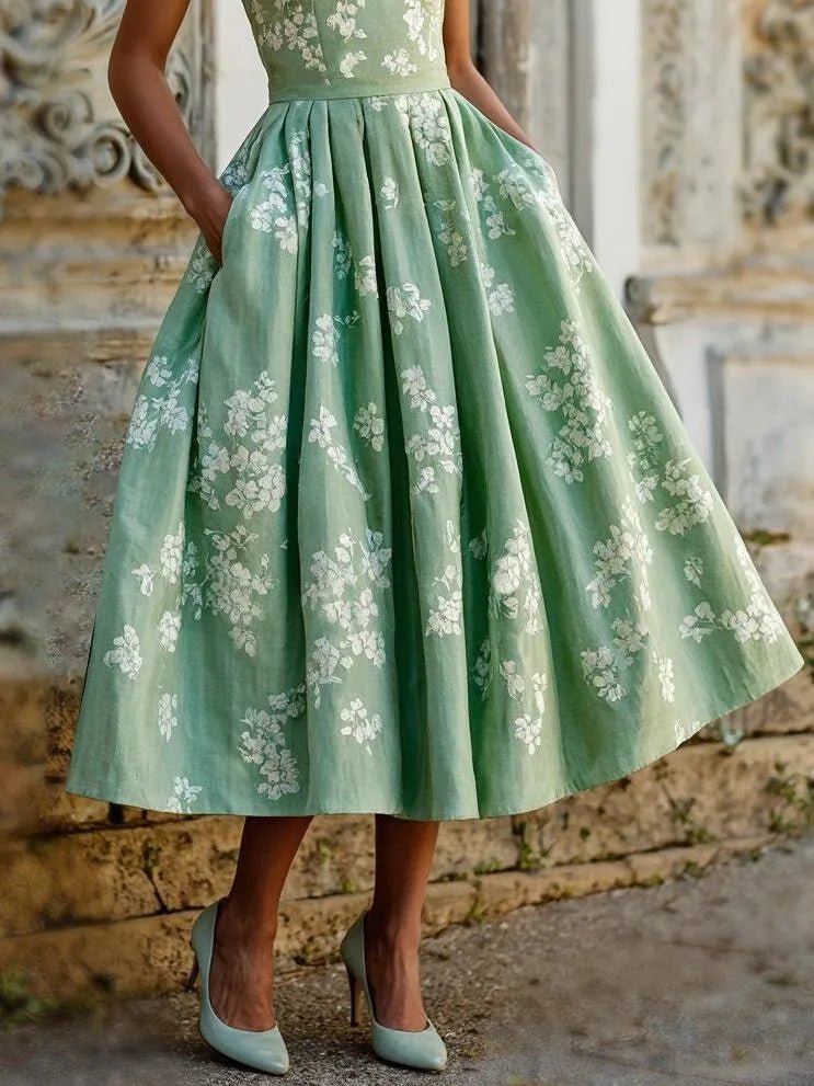 Floral Off-Shoulder Midi Dress with Flowy Swing Skirt