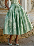Floral Off-Shoulder Midi Dress with Flowy Swing Skirt