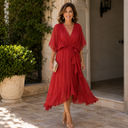 Monica | Elegant Wrap V-Neck Midi Gowns for Wedding Guests