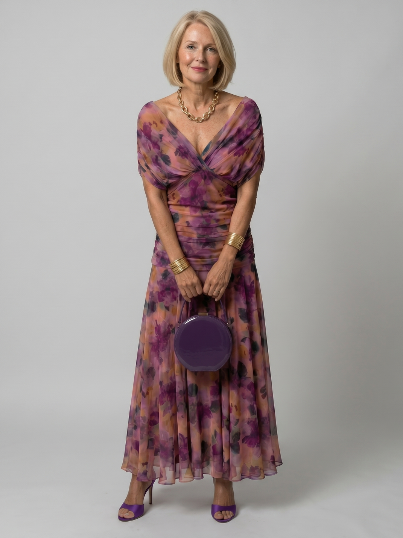 Draped-Neck Printed Mesh Midi Dress with Ruched Bodice