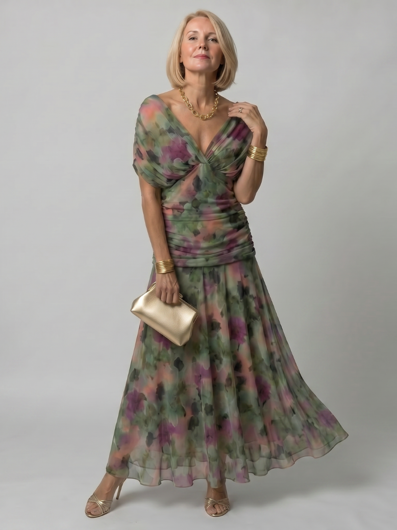 Draped-Neck Printed Mesh Midi Dress with Ruched Bodice
