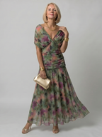 Draped-Neck Printed Mesh Midi Dress with Ruched Bodice