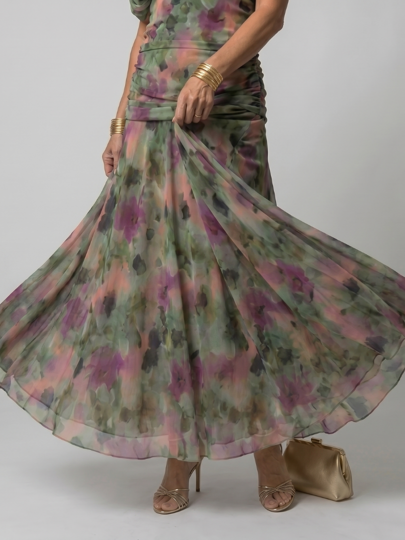 Draped-Neck Printed Mesh Midi Dress with Ruched Bodice