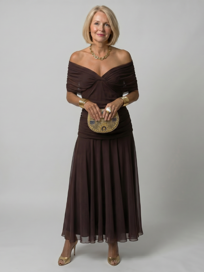 Draped-Neck Printed Mesh Midi Dress with Ruched Bodice