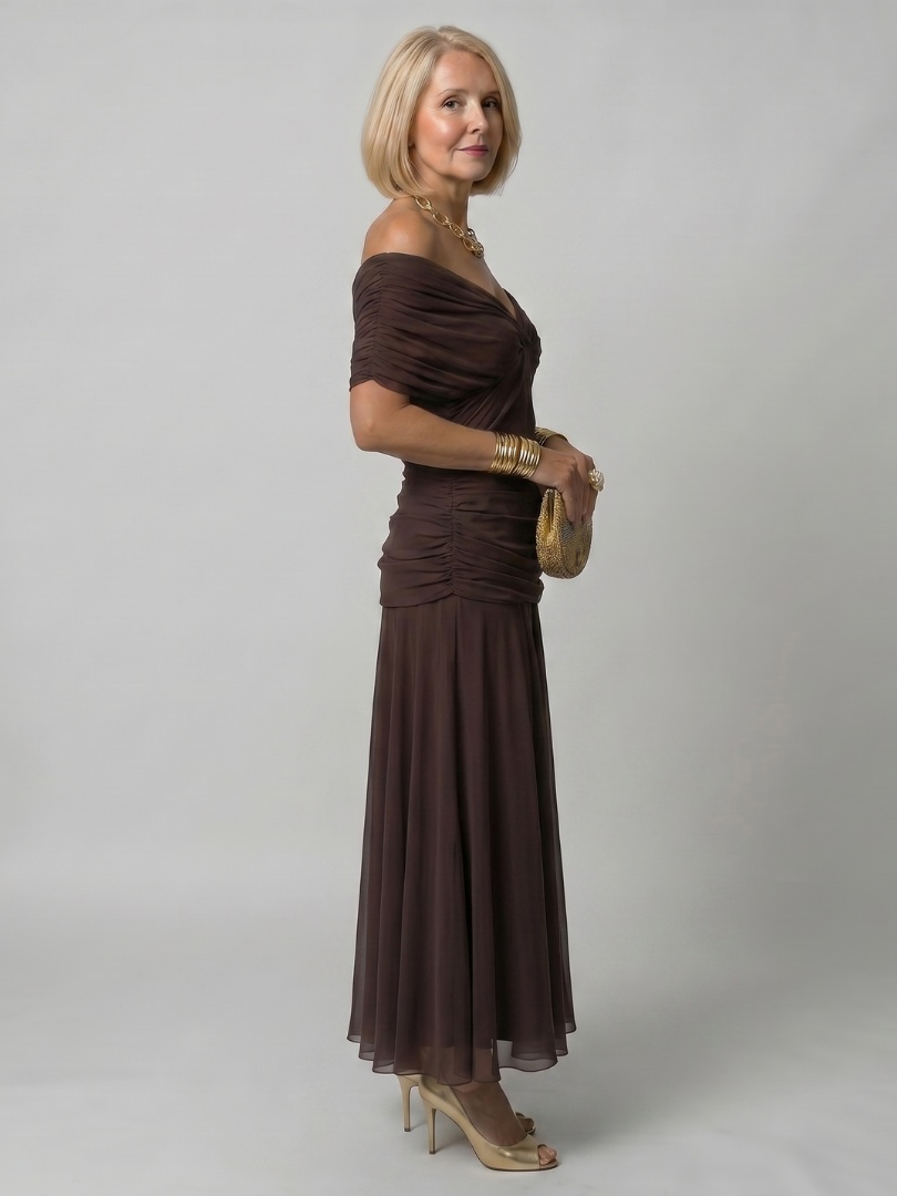 Draped-Neck Printed Mesh Midi Dress with Ruched Bodice