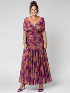 Draped-Neck Printed Mesh Midi Dress with Ruched Bodice