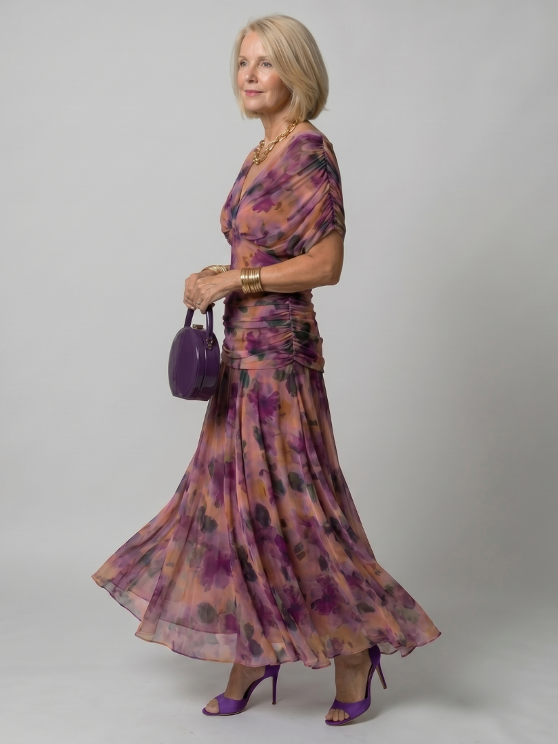 Draped-Neck Printed Mesh Midi Dress with Ruched Bodice