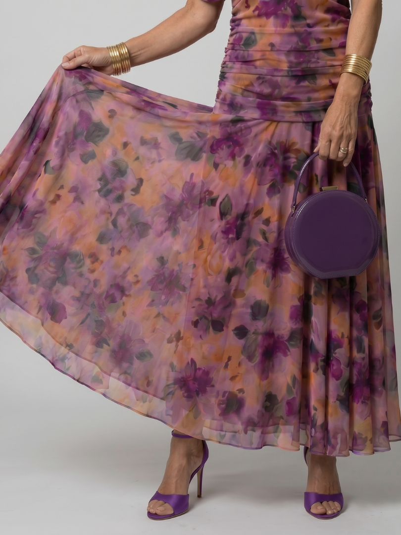 Draped-Neck Printed Mesh Midi Dress with Ruched Bodice