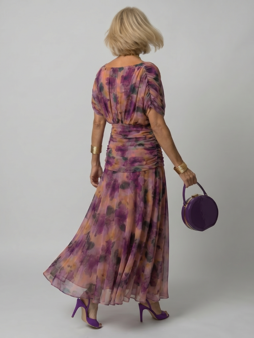 Draped-Neck Printed Mesh Midi Dress with Ruched Bodice