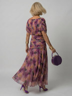 Draped-Neck Printed Mesh Midi Dress with Ruched Bodice