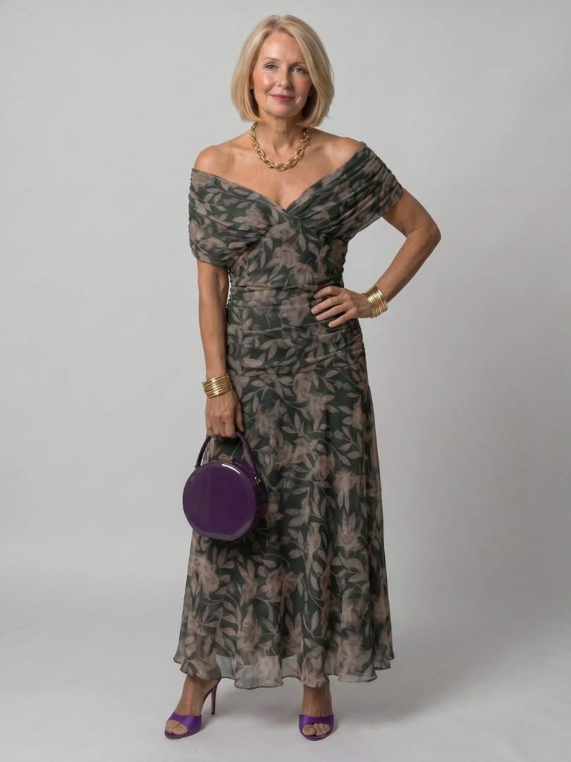 Draped-Neck Printed Mesh Midi Dress with Ruched Bodice