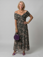 Draped-Neck Printed Mesh Midi Dress with Ruched Bodice