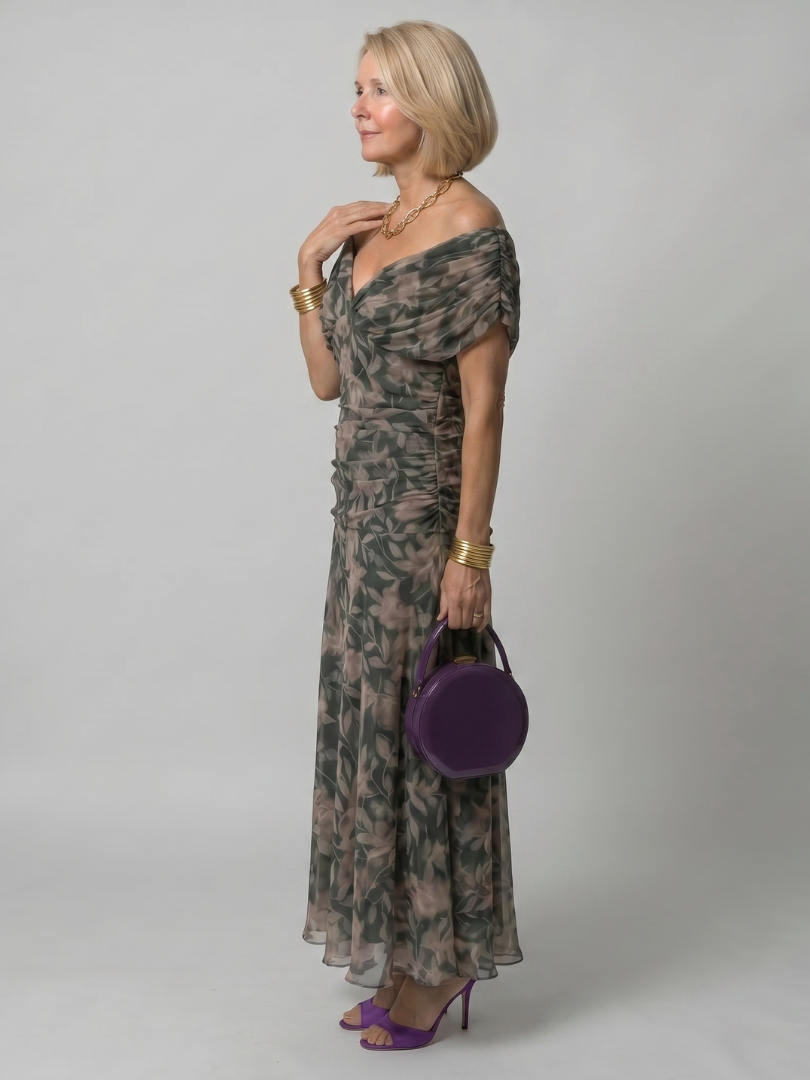 Draped-Neck Printed Mesh Midi Dress with Ruched Bodice