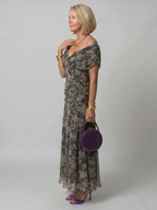 Draped-Neck Printed Mesh Midi Dress with Ruched Bodice