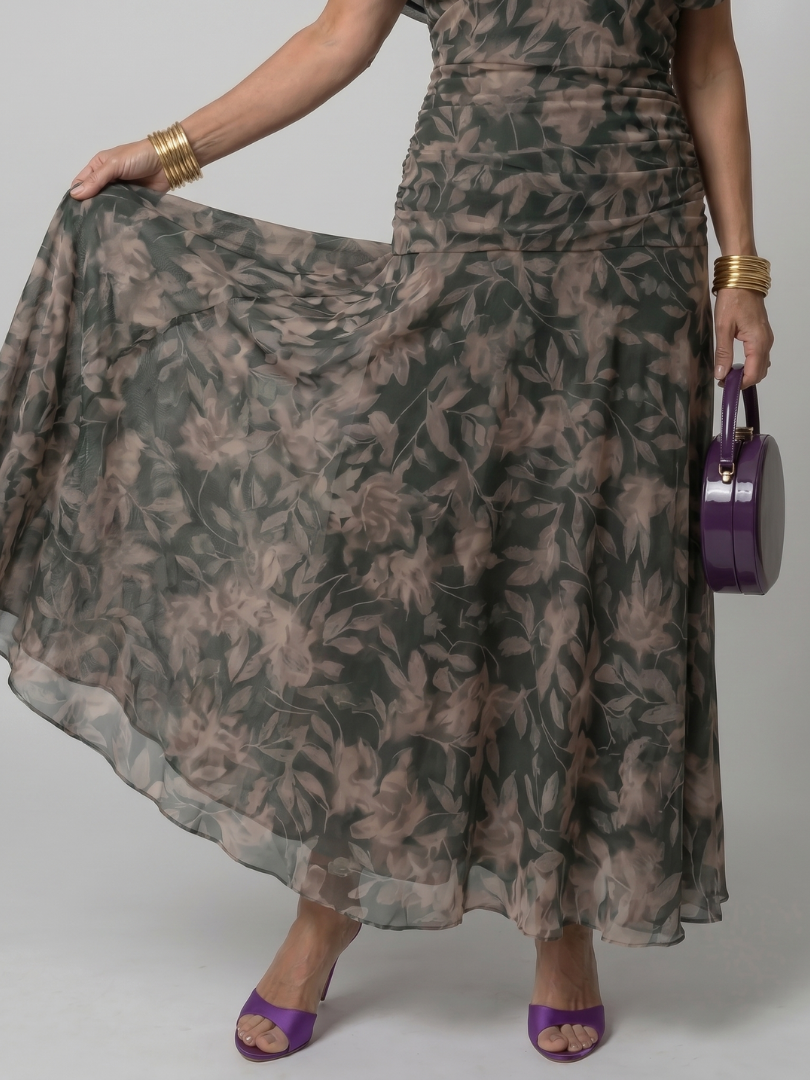 Draped-Neck Printed Mesh Midi Dress with Ruched Bodice
