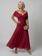 Draped-Neck Printed Mesh Midi Dress with Ruched Bodice