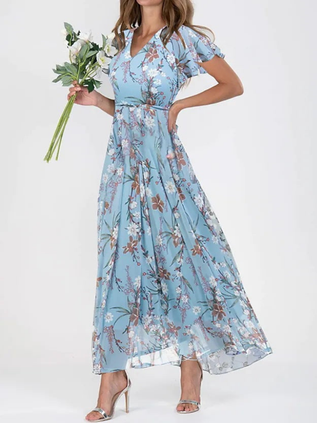 Elegant Floral Woven Maxi Dress for Women with V-Neck and Flutter Sleeves