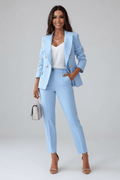 Chic Two-Piece Woven Pant Suit with Notched Lapel and Sleek Straight-Leg Trousers