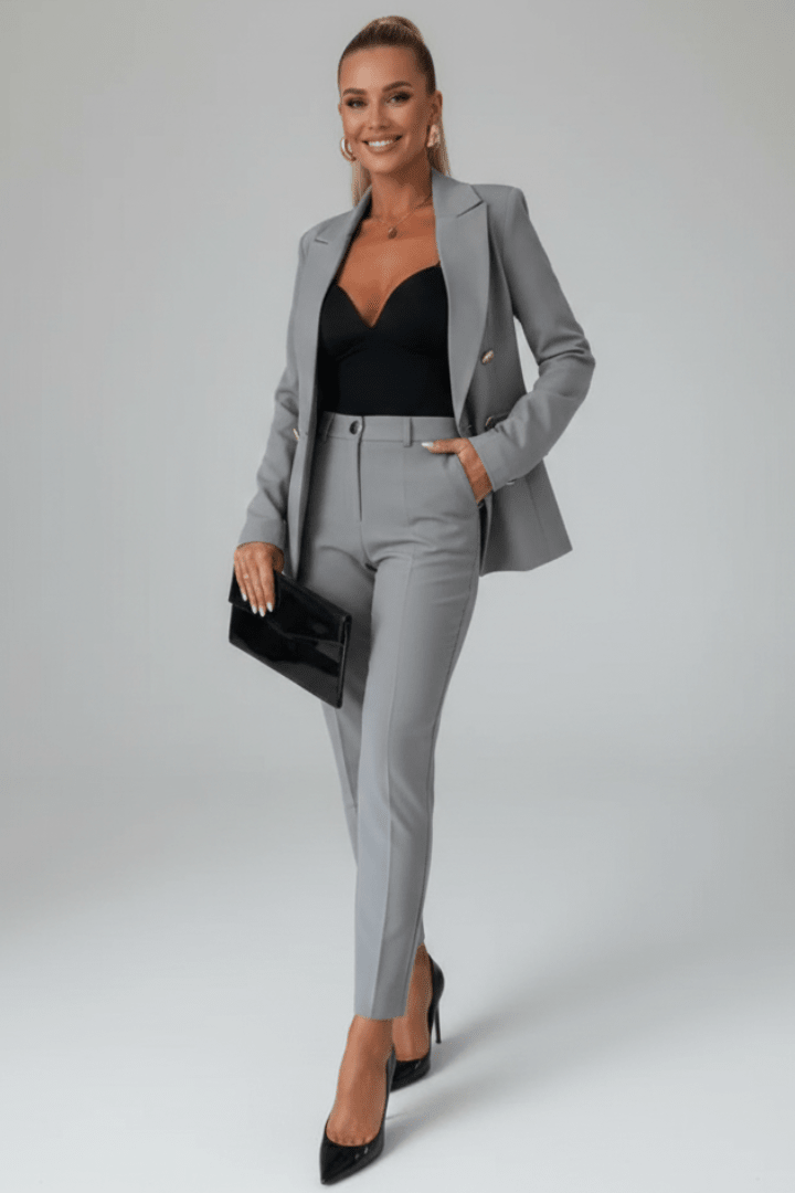 Chic Two-Piece Woven Pant Suit with Notched Lapel and Sleek Straight-Leg Trousers