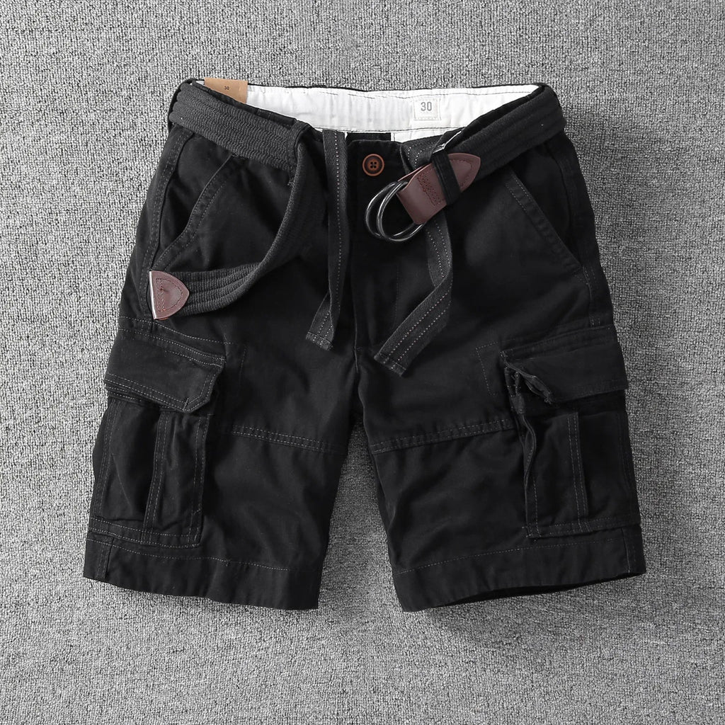 Rugged Twill Cargo Shorts with Web Belt and Flap Pockets