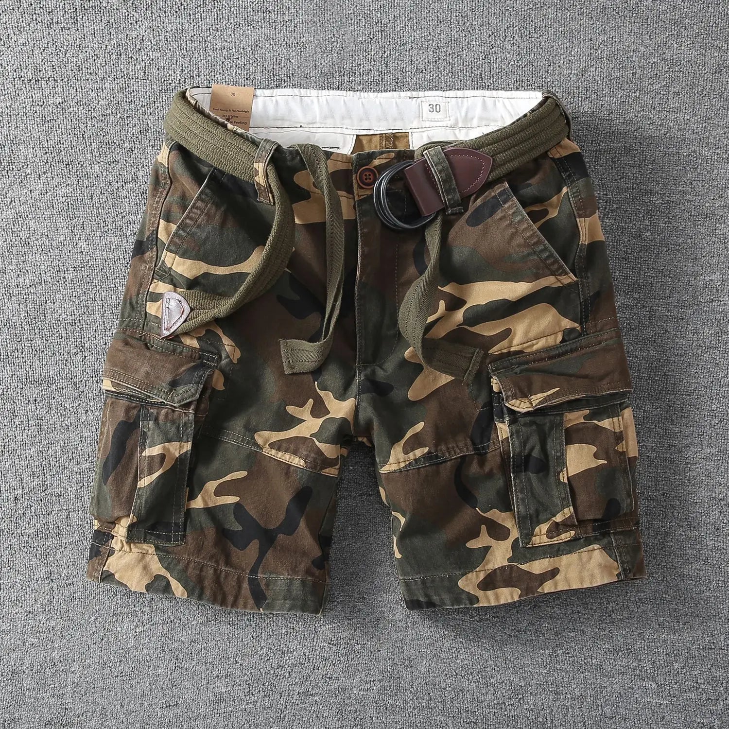 Rugged Twill Cargo Shorts with Web Belt and Flap Pockets