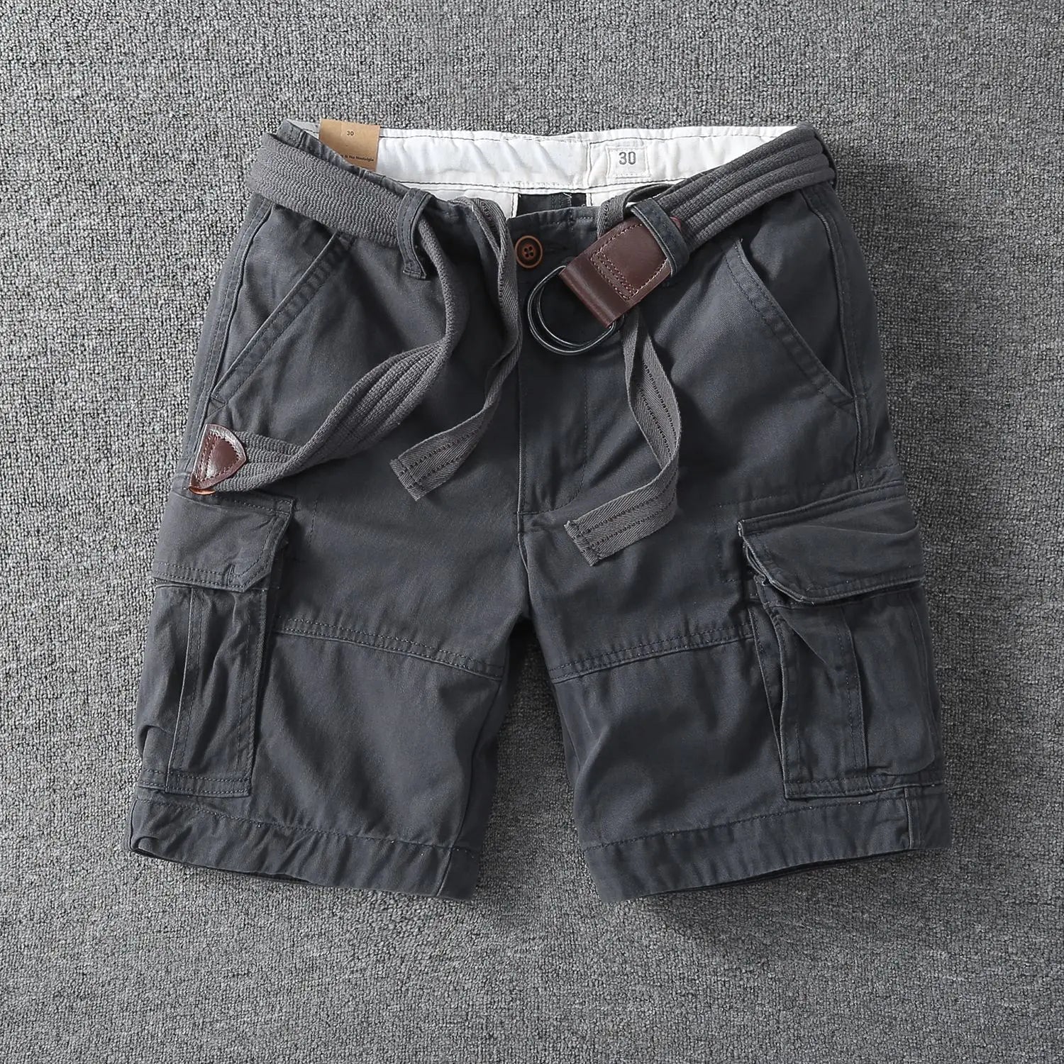 Rugged Twill Cargo Shorts with Web Belt and Flap Pockets