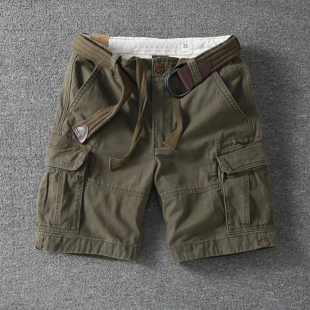 Rugged Twill Cargo Shorts with Web Belt and Flap Pockets