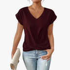 Women's V-Neck Knit Tee with Twist Hem - Casual Everyday Top
