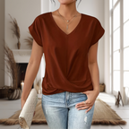 Women's V-Neck Knit Tee with Twist Hem - Casual Everyday Top