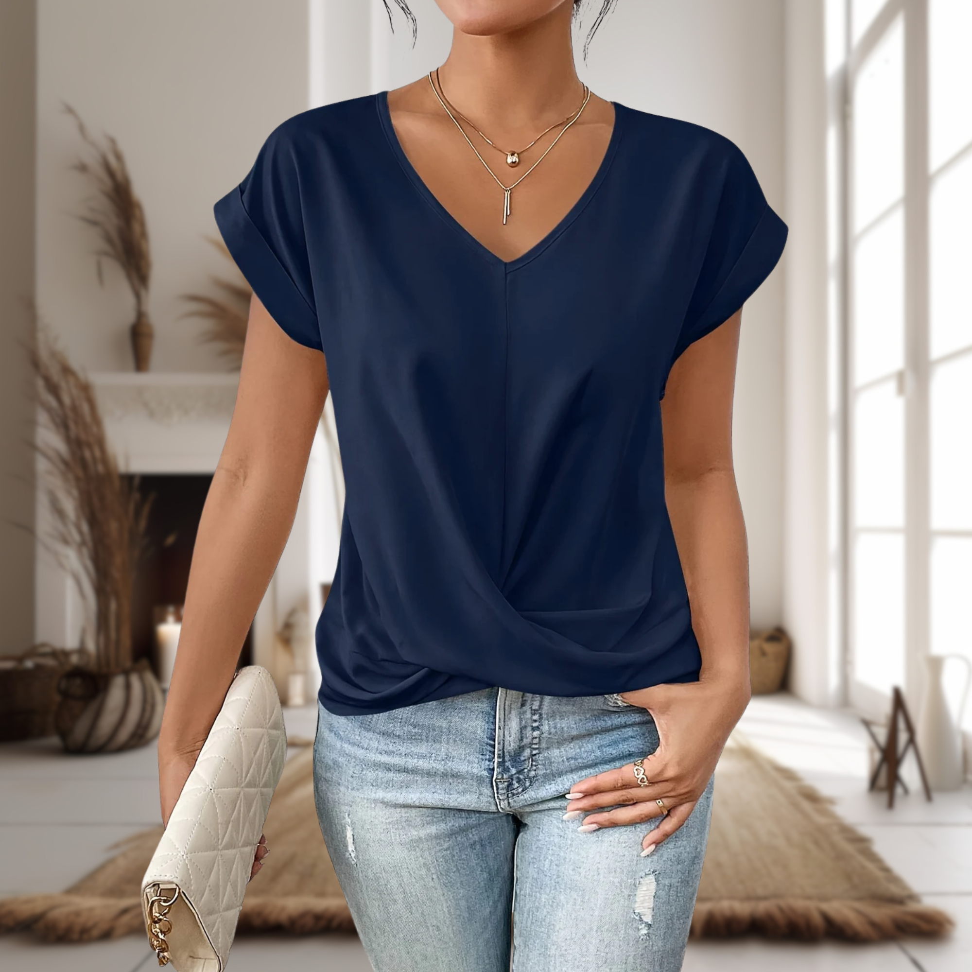 Women's V-Neck Knit Tee with Twist Hem - Casual Everyday Top