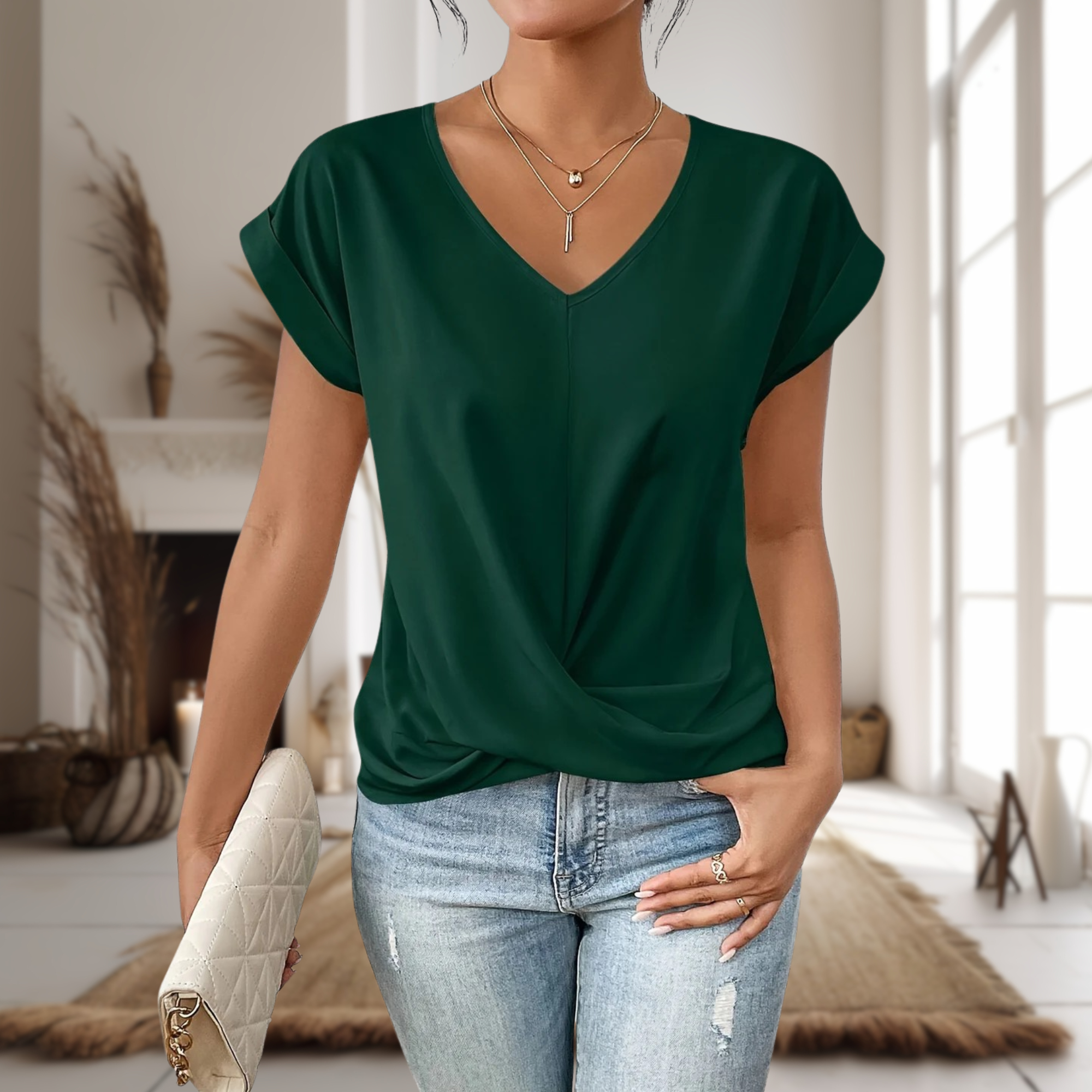 Women's V-Neck Knit Tee with Twist Hem - Casual Everyday Top