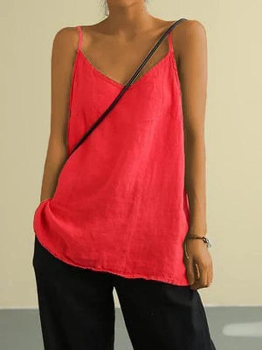 Women's Linen-Blend Cami Top with V-Neck and Spaghetti Straps - Casual Summer Essential