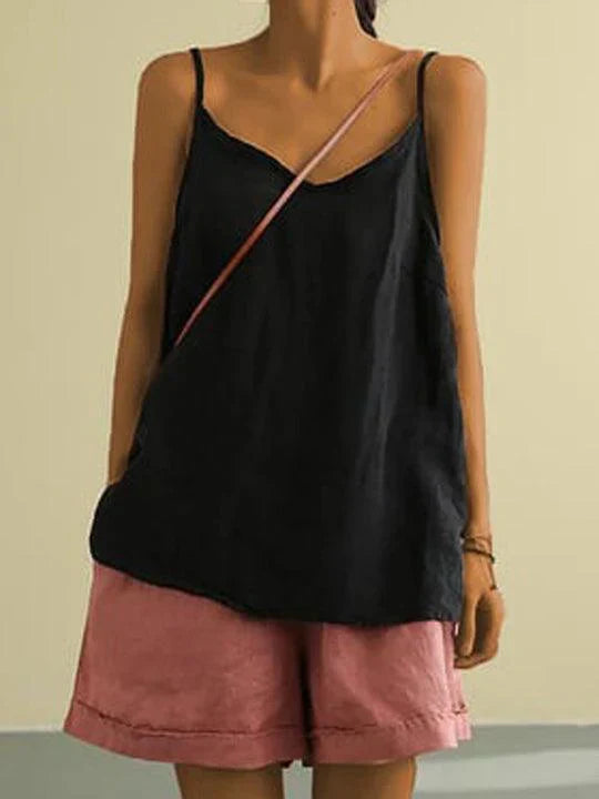 Women's Linen-Blend Cami Top with V-Neck and Spaghetti Straps - Casual Summer Essential