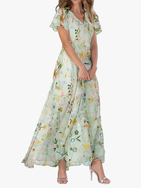 Elegant Floral Woven Maxi Dress for Women with V-Neck and Flutter Sleeves