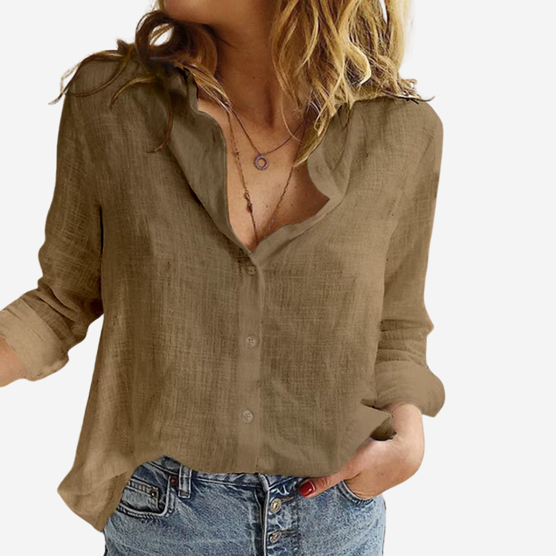 Chic Women's Linen-Blend Button-Front Blouse with Roll-Tab Sleeves
