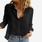 Chic Women's Linen-Blend Button-Front Blouse with Roll-Tab Sleeves